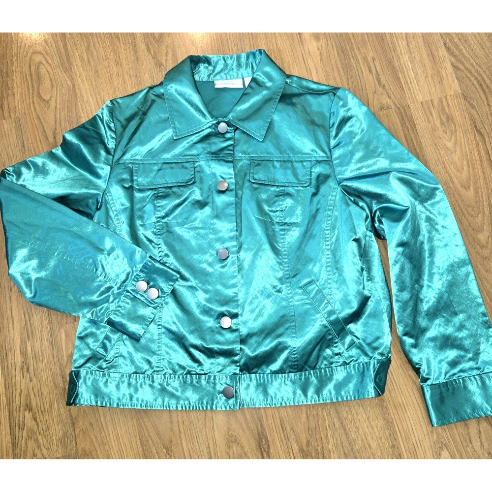 Chico's Shiny Green Button‎ Up Collared Jacket Womens Size 2